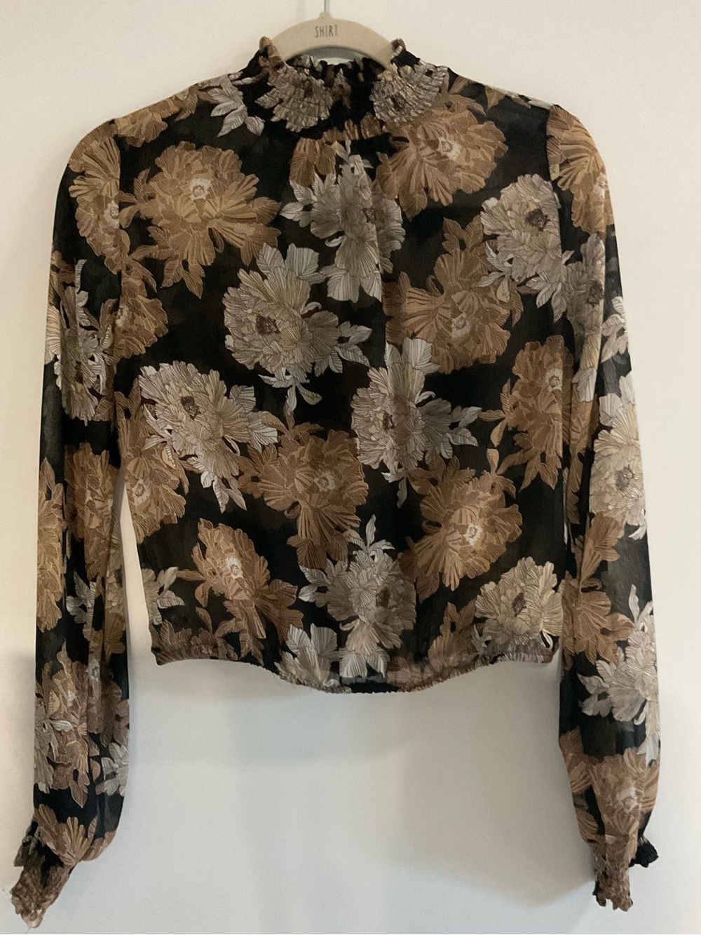 Express Black Sheer Floral Ruffle-Neck Blouse with Tan and Cream Flowers
